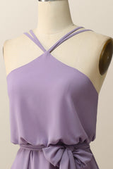 Halter Straps Purple Chiffon Long Bridesmaid Dress