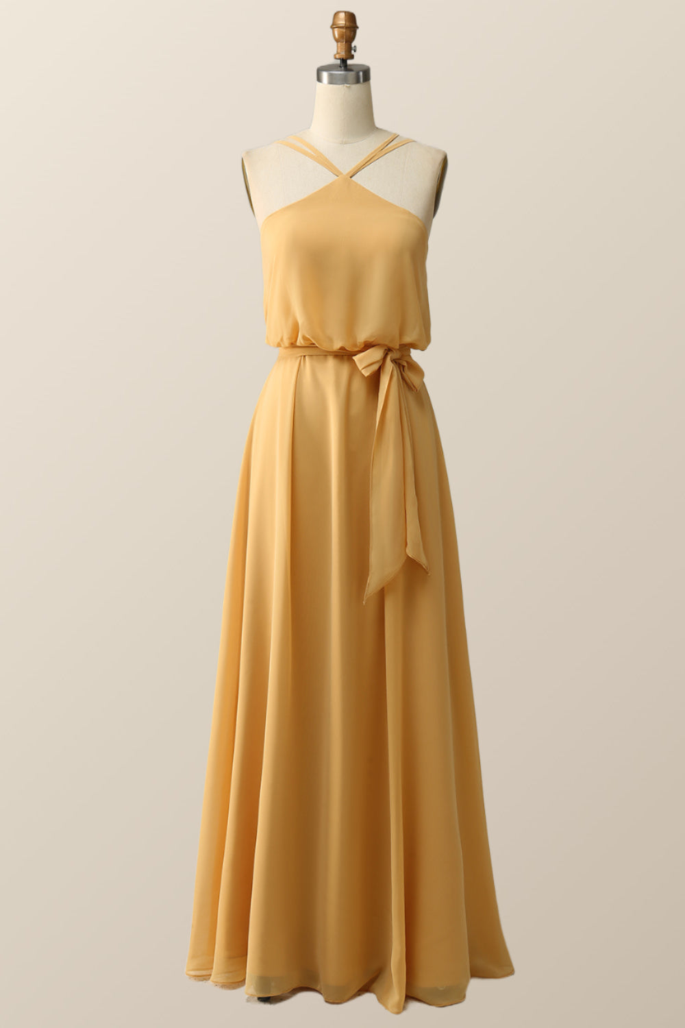 Halter Straps Yellow Chiffon Long Bridesmaid Dress