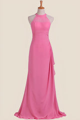 Hot Pink Halter Chiffon Draped Long Dress