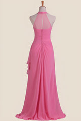 Hot Pink Halter Chiffon Draped Long Dress