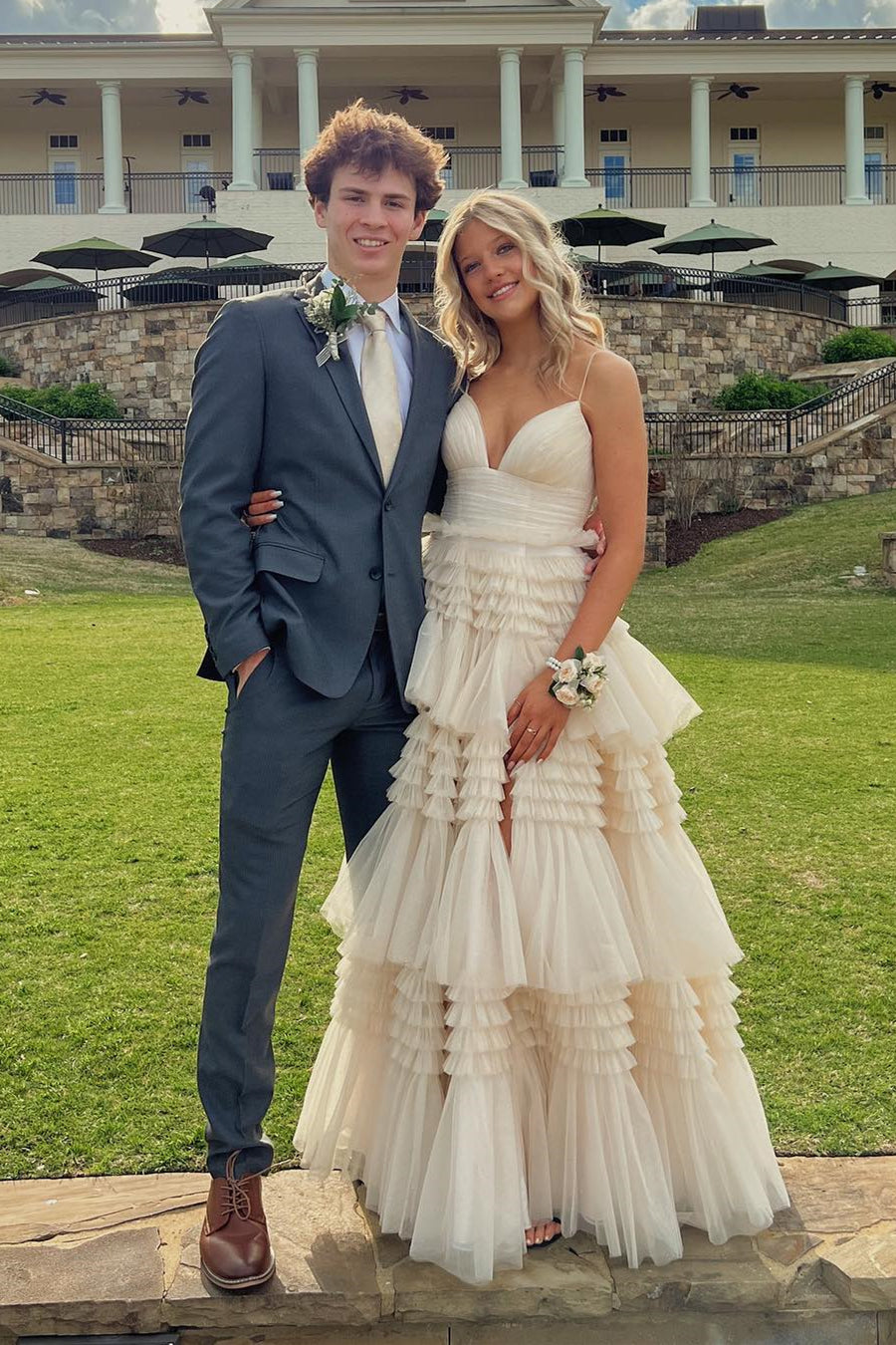 Light Blue Tiered Ruffle Long Ball Gown with Straps