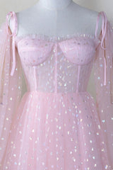 Pink Coset Short Dress with Puffy Sleeves