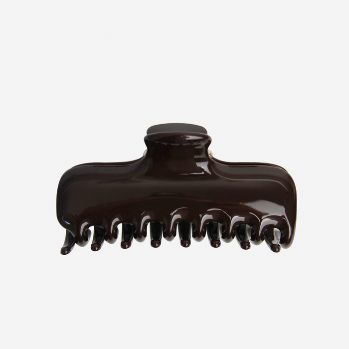 The BRAID & BOW Large Chocolate Brown Hair Claw, featuring interlocking teeth for a secure hold, is displayed on a plain white background.