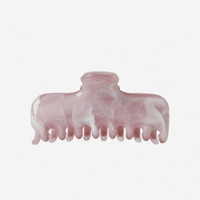 The BRAID & BOW Large Pink Swirl Hair Claw features elegant white swirl patterns on a powder pink marbled design, shown against a plain white background. Perfect as a stylish hair clip for long hair.