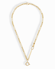 The Liam Space Bar Chain Necklace by Mod + Jo features a 14k gold-plated elongated oval link design with a large round clasp at the bottom and a smaller side clasp, arranged in an open circle on a white background.