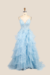 Light Blue Straps Appliques Tiered Ruffles Princess Dress