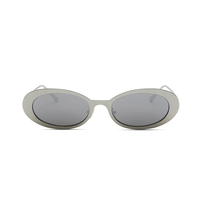 Front view of Lyric Leigh Sunglasses by Elisa Johnson, featuring silver oval frames and dark gray UV400 lenses, displayed on a plain white background.