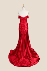 Off the Shoulder Floral Appliques Ruched Mermaid Formal Dress