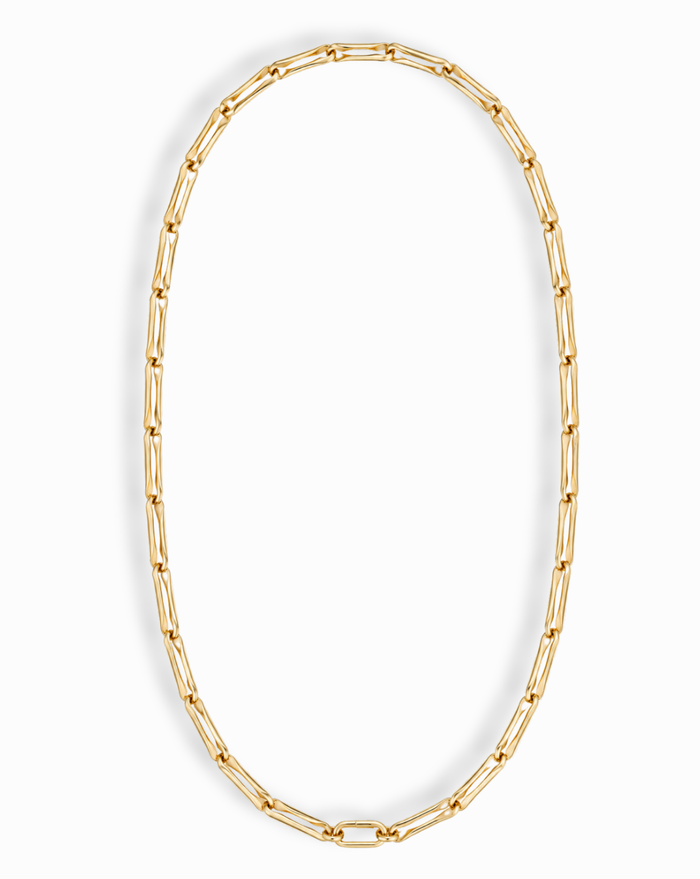 The Molly Elongated Link Chain Necklace by Mod + Jo showcases gold-plated, elongated rectangular links arranged in an oval shape on a white background, making it the perfect everyday necklace.
