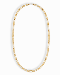 The Molly Elongated Link Chain Necklace by Mod + Jo showcases gold-plated, elongated rectangular links arranged in an oval shape on a white background, making it the perfect everyday necklace.