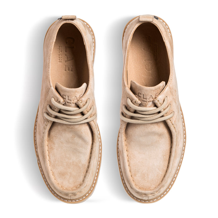 Top view of Morrison Heritage Collection shoe, showing moc-toe and lace details in leather and suede.