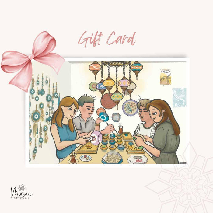 Illustration of four people painting ceramics at a decorated table with hanging lanterns and wall art, gift card design
