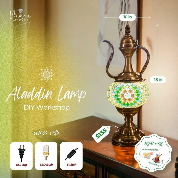 Ornate Aladdin lamp with colorful mosaic glass on wooden table, DIY workshop offer with LED bulb