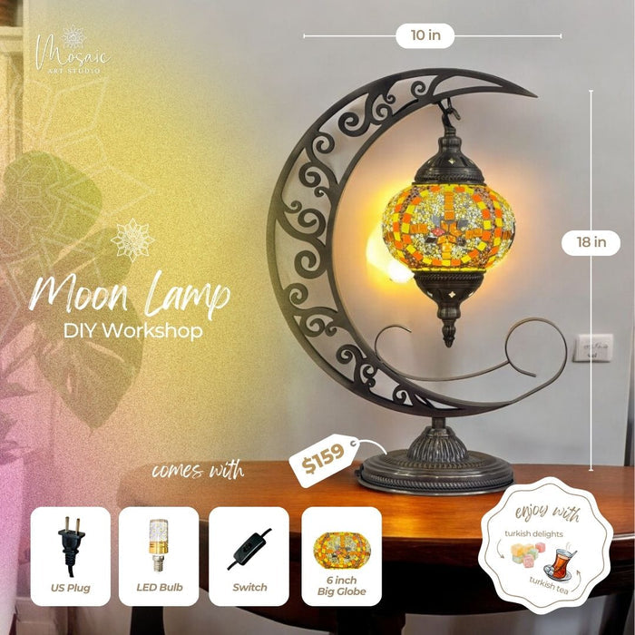 Decorative mosaic Turkish lamp with crescent moon metal stand on wooden table, 18 inch tall