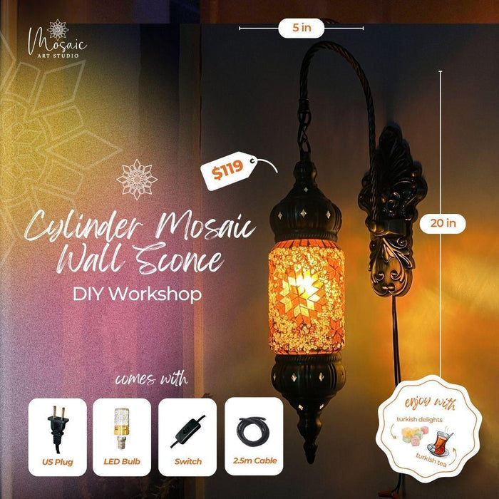 Cylinder mosaic wall sconce with star pattern, black ornate mount, 20-inch height, DIY workshop kit