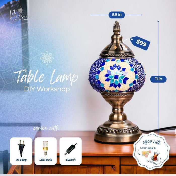 Decorative Turkish mosaic table lamp with blue and white glass, antique brass base, 11-inch tall, $99