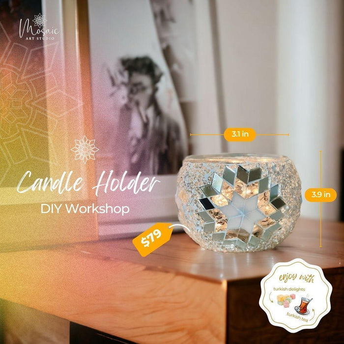 Mosaic glass candle holder with star design on wooden table, DIY workshop price $79