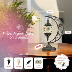 Mini Moon Lamp with mosaic globe on decorative crescent stand on wooden table, DIY workshop, $159