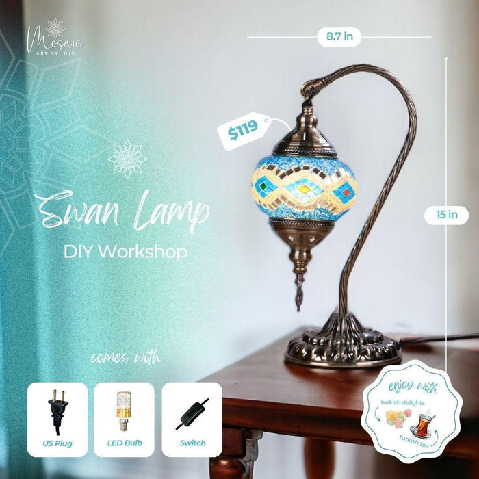 Turkish mosaic swan lamp with decorative brass stand on wooden table, DIY workshop $119