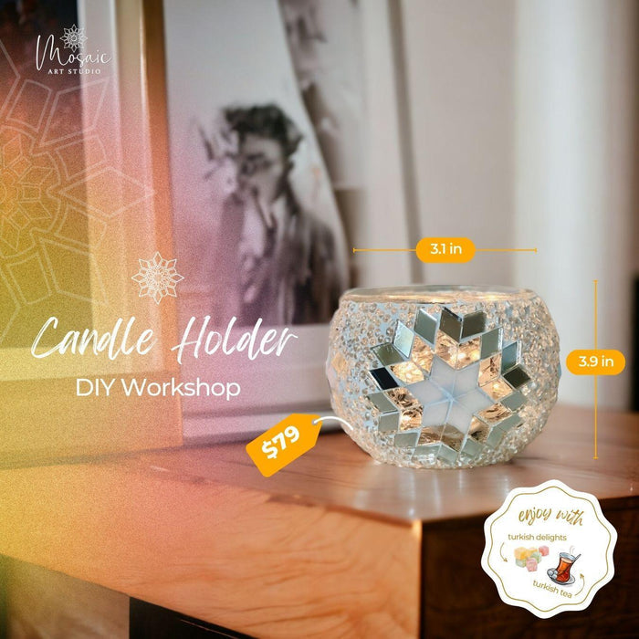 Decorative mosaic candle holder with star pattern on wooden table, DIY workshop promotion