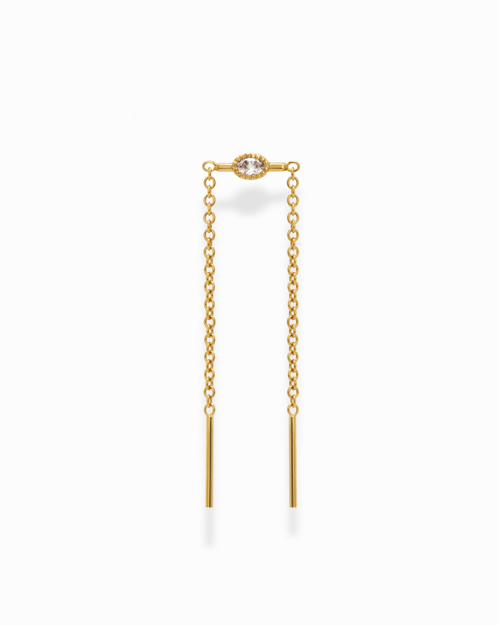 The Nicole Oval Threader Earring by Mod + Jo features a central oval-cut clear cubic zirconia gemstone, gold-plated finish, and two vertical gold bars elegantly suspended from each end of the chain.