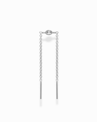 The Nicole Oval Threader Earring by Mod + Jo features a delicate design, crafted in rhodium-plated silver with a small oval-shaped cubic zirconia at the top and two fine chains that gracefully hang down, each finished with a slender bar.
