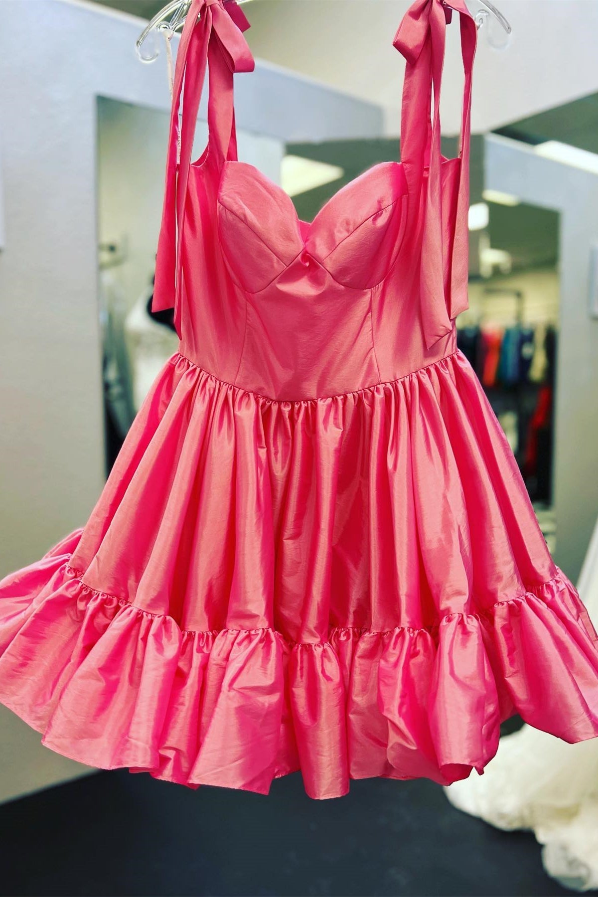 Bow Straps Pink A-line Short Princess Dress