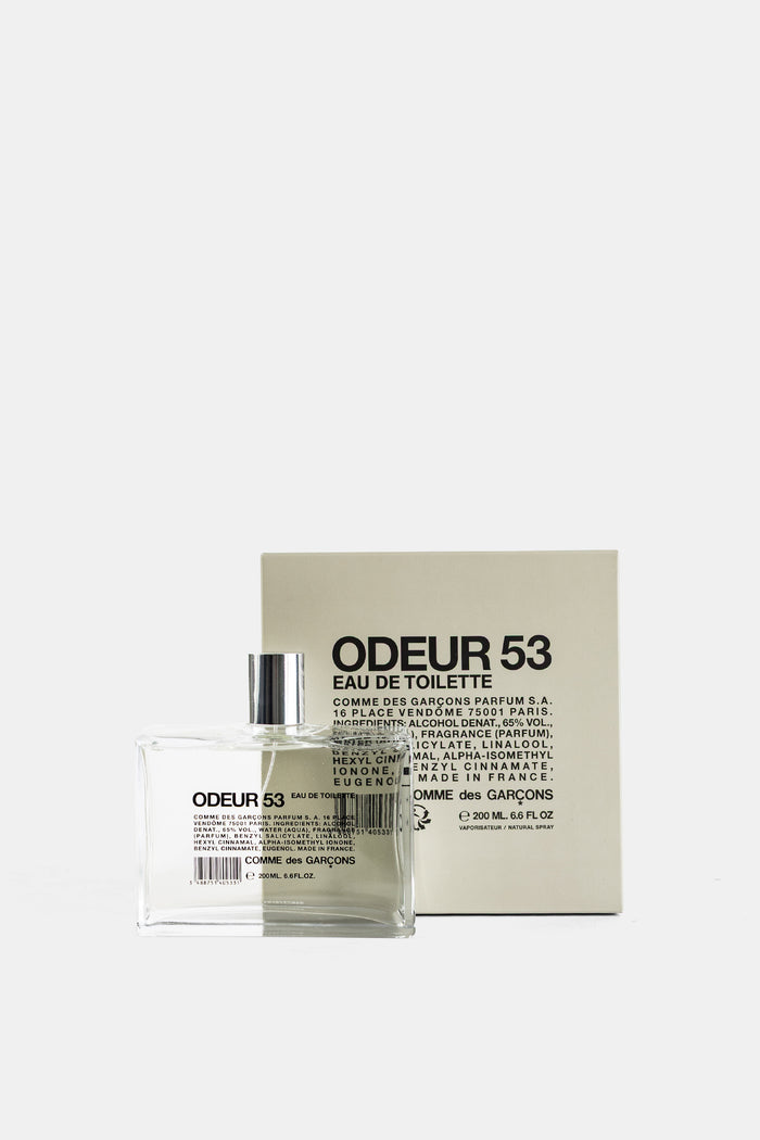 Comme des Garçons Parfums Odeur 53 EDT boîte cartonnée beige texte typographique noir packaging luxe 200ml