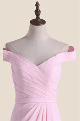 Off the Shoulder Pink Chiffon Long Bridesmaid Dress