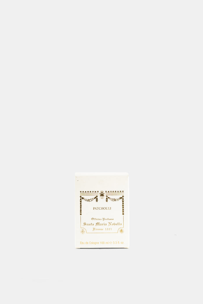 Boîte packaging Santa Maria Novella Patchouli eau de cologne 100ml blanc cassé motifs dorés Firenze 1221