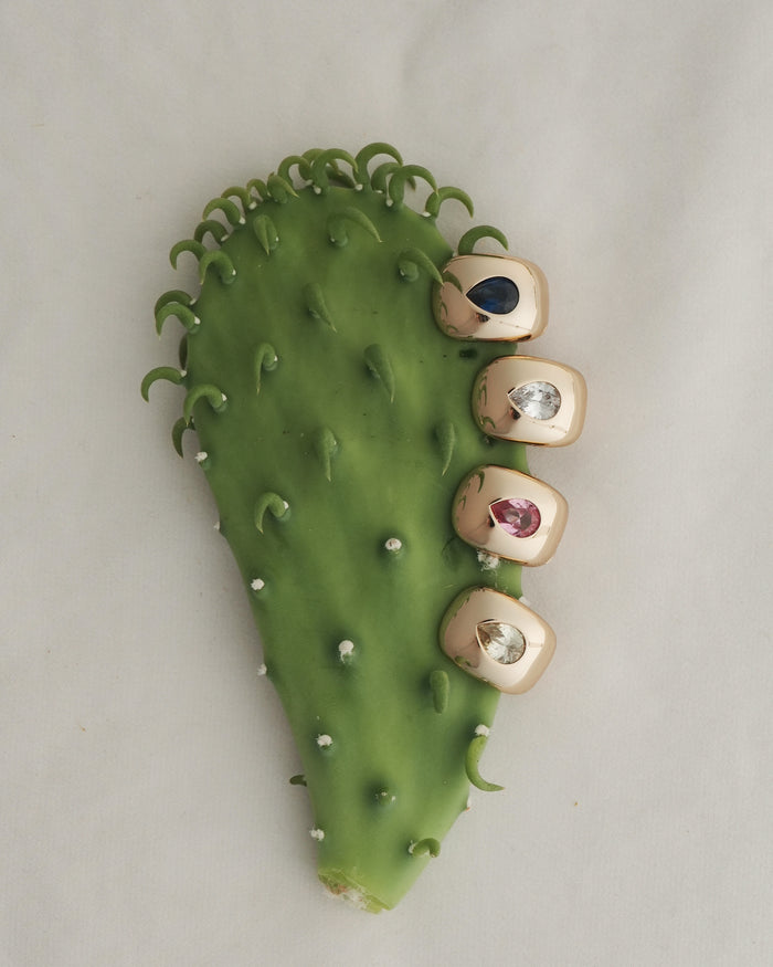 A green cactus pad displays four Mod + Jo Penn Gemstone Hoops on its right edge, each hoop adorned with different gemstones and sparkling CZ accents to resemble vibrant fingernails. The background features a soft, neutral fabric.