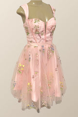 Cap Sleeves Pink Floral Short Prom Dress