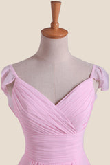 Pink Pleated Cap Sleeves Short Bridesmaid Dress