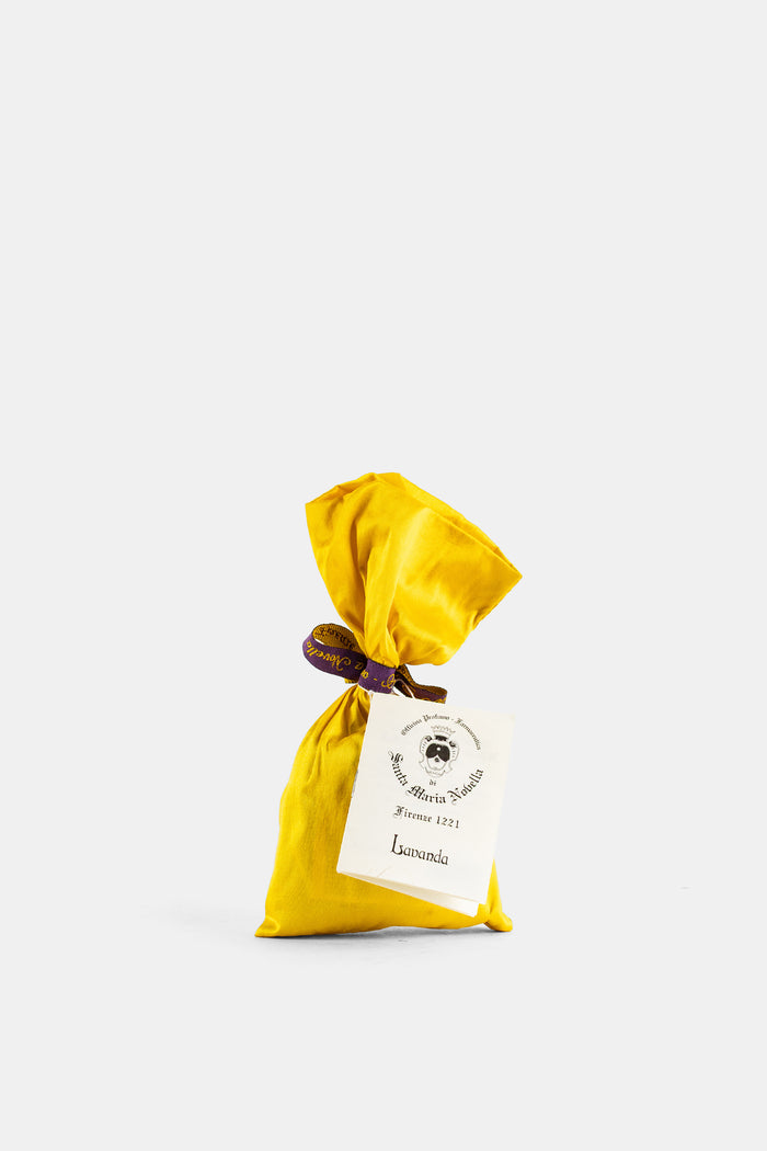 Santa Maria Novella pochette soie jaune moutarde lavande 30g nouée ruban violet brodé étiquette vintage