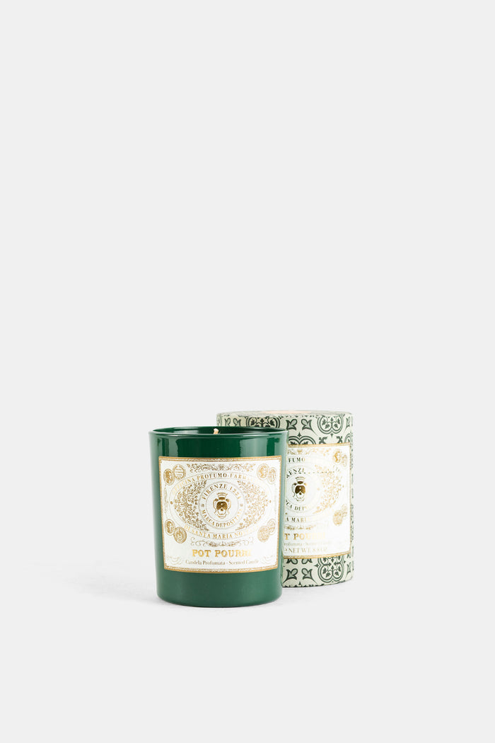 Santa Maria Novella bougie Pot Pourri coffret cylindrique motifs mosaïque vert et or aux côtés du flacon