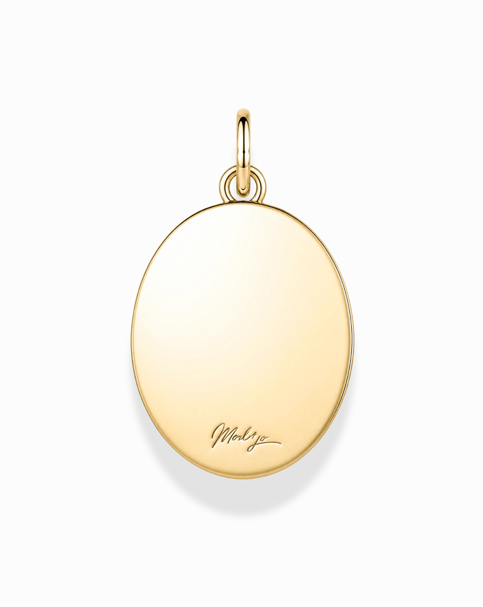 Round gold Rory Gemstone Charm by Mod + Jo, designed with a small loop for a chain, featuring a smooth surface accented by an elegant moonstone and a subtle “Marley” engraving near the bottom edge.