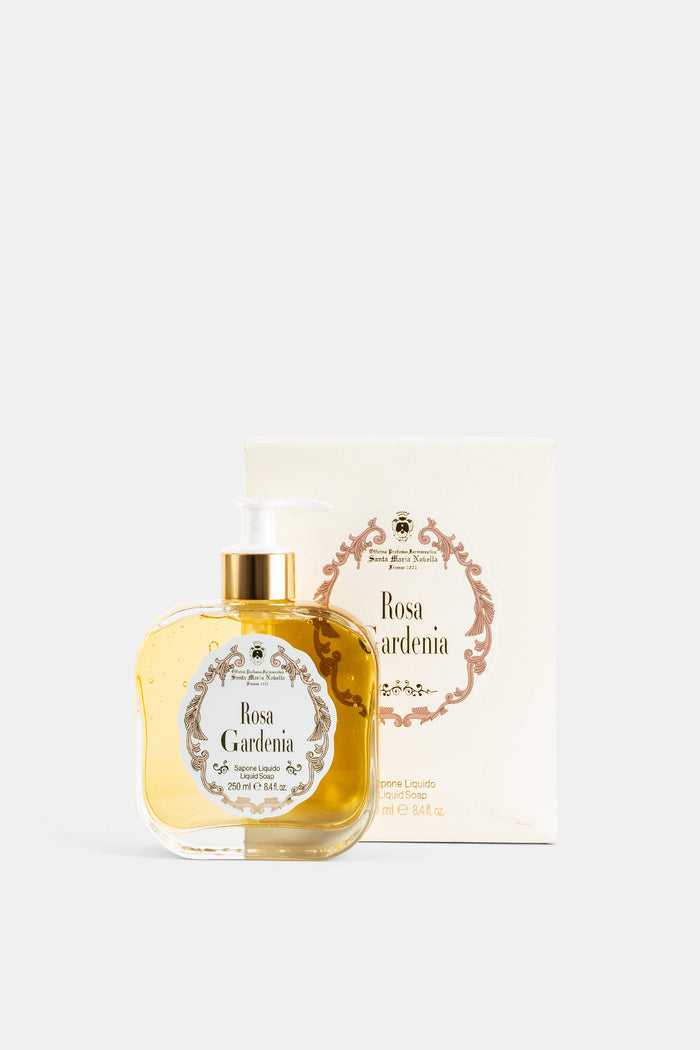 Santa Maria Novella Rosa Gardenia coffret savon liquide boîte packaging crème décor baroque rose poudré