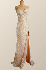 Champagne Sequin Ruched Fitted Long Prom Dress