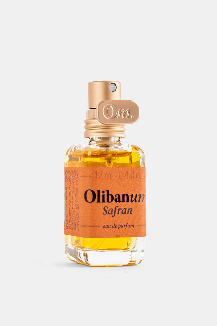Olibanum Safran parfum femme flacon carré bouchon doré rose estampillé Om étiquette orange 12ml