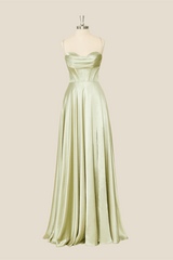 Cowl Neck Sage Green Satin A-line Long Formal Dress