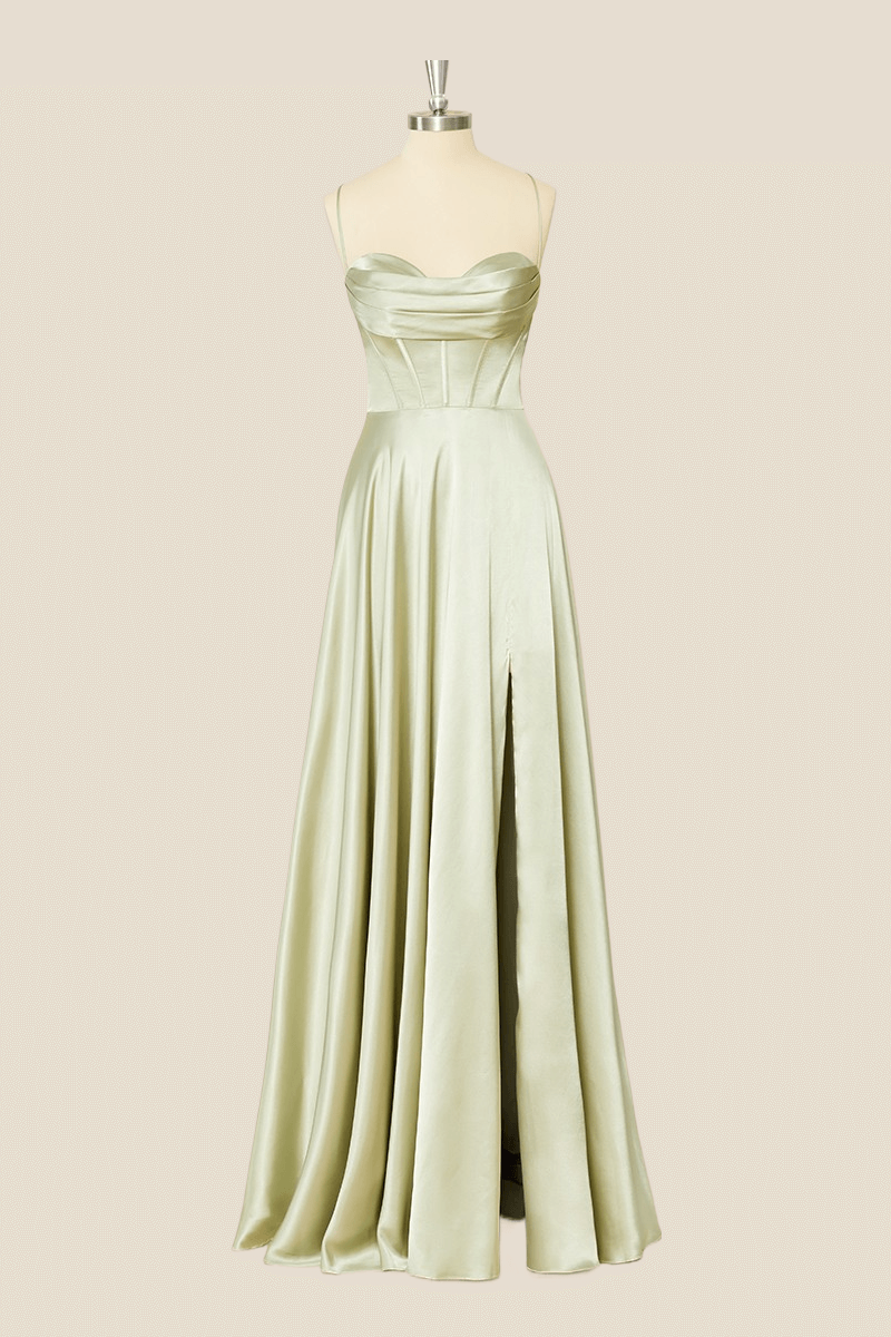 Cowl Neck Sage Green Satin A-line Long Formal Dress