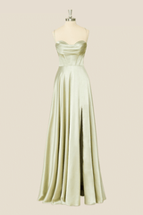Cowl Neck Sage Green Satin A-line Long Formal Dress