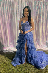 Off the Shoulder Light Blue Appliques Tiered Formal Gown