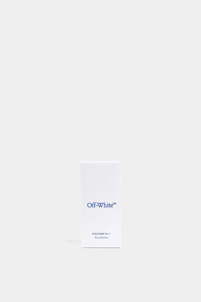 Off-White Solution N°7 Eau de Parfum boîte blanche typographie bleue packaging minimaliste homme FW26