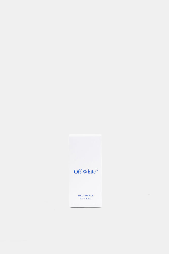 Packaging boîte blanche Off-White Solution No.9 Eau de Parfum inscription bleue sobre minimaliste