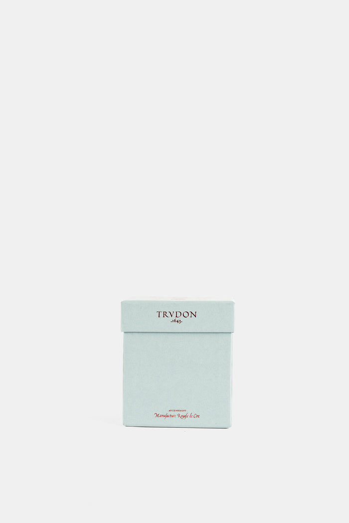 Trudon coffret bougie Spiritus Sancti fermé bleu pastel, inscription Manufacture Royale de Cire dorée