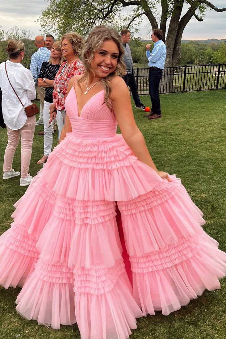 Champagne Tiered Ruffle Long Ball Gown with Straps