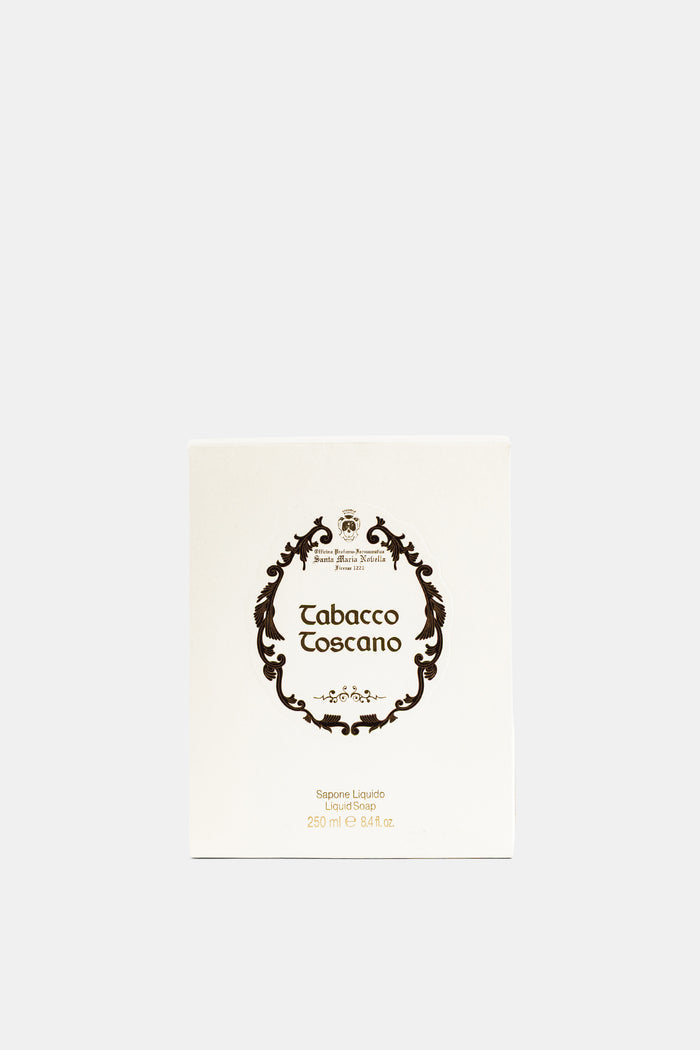 Santa Maria Novella savon liquide Tabacco Toscano boîte blanche fond neutre typographie dorée 250ml