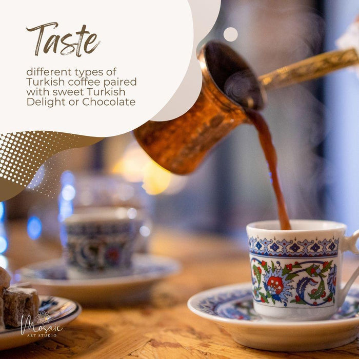 Steaming Turkish coffee being poured from a copper cezve into a traditional patterned cup on a wooden table