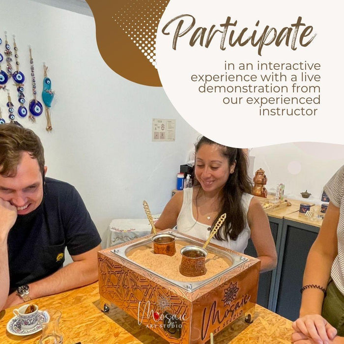 People enjoying a Turkish coffee workshop with copper cezve on sand heater at Mosaic Art Studio